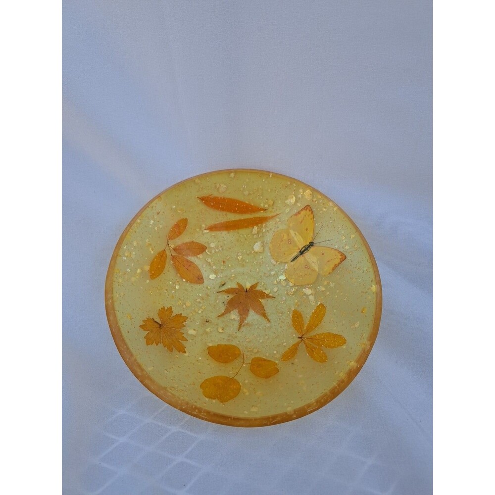 Vtg Acrylic Lucite Bowl Honey Colored Embedded Leaves Butterfly MCM Yellow Fall